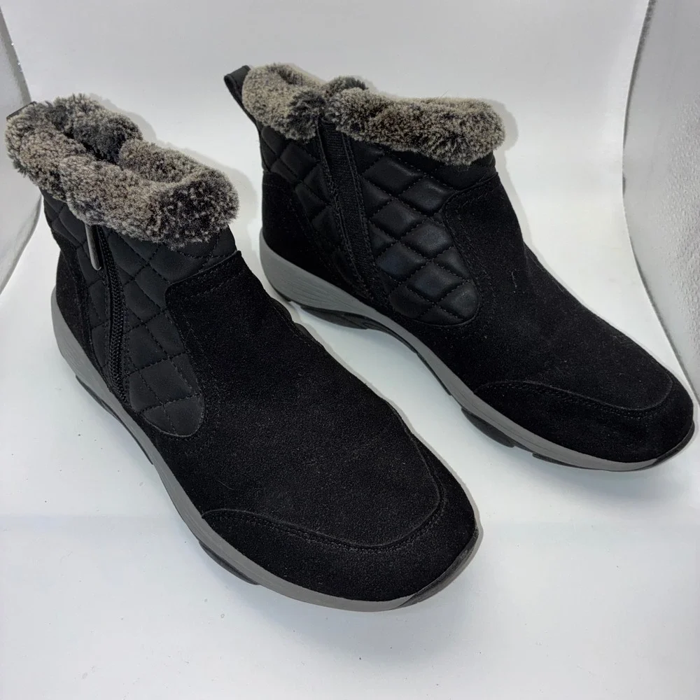 Easy Spirit Womens Black Quilted Faux Fur Trim Ankle Boots Size 7.5W‎ SEVAHES